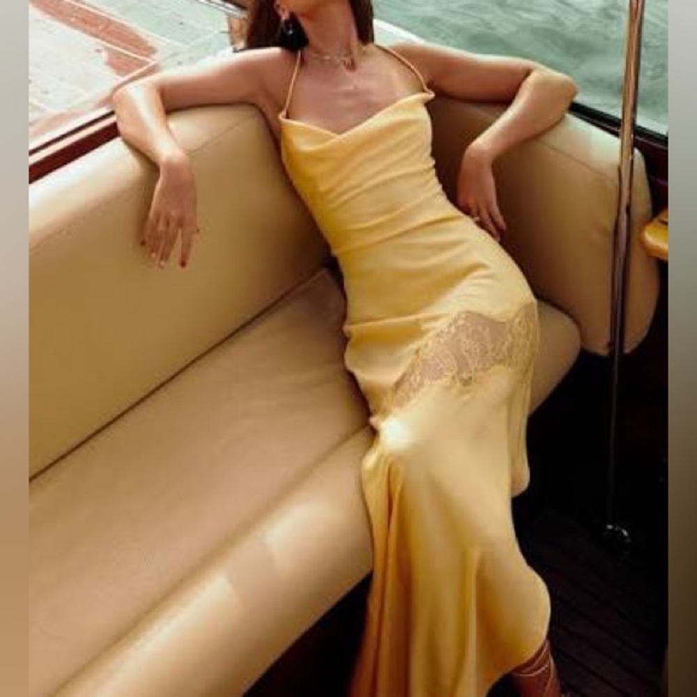 Meshki yellow lace satin dress